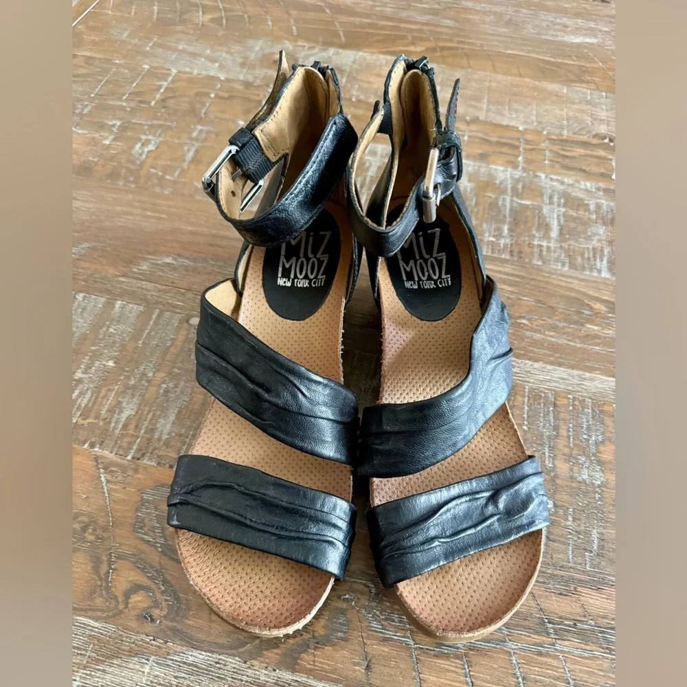 Miz Mooz Black Leather Wedge Sandals